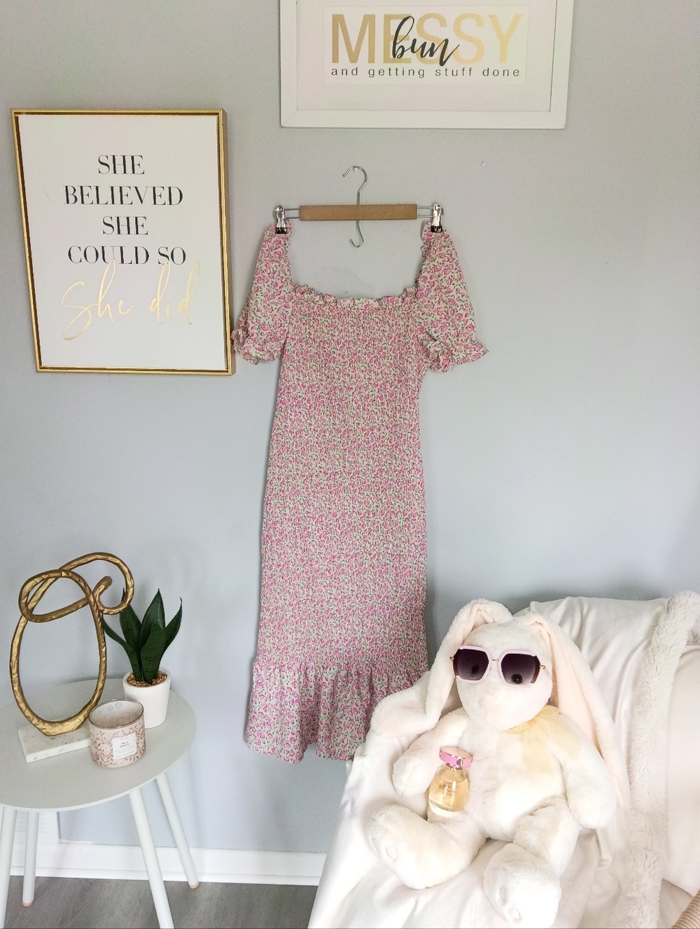 Pink Floral Off-Shoulder Smocked Midi Dress by prettygarden
